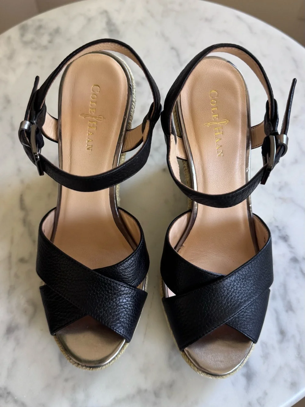 Cole Haan Hart Black Leather Espadrille Wedge Sandals - Women’s Size 5